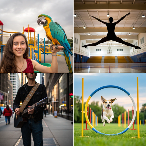 People and pets performing various talents